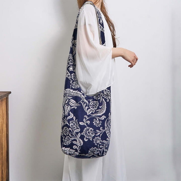 Buddha Stones Granatowo-Biały Kwiatowy Wzór Bawełniana Torba Crossbody Torba Na Ramię