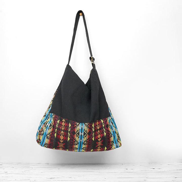 Buddha Stones Czarny Czerwony Niebieski Paski Wzór Bawełna Torba Crossbody Torba na Ramię