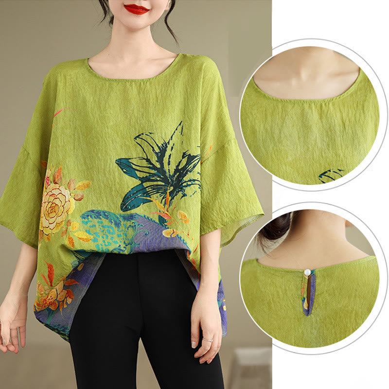 Buddha Stones Żółte Zielone Kwiaty T-shirt z lnianym rękawem o długości trzech czwartych - image 9