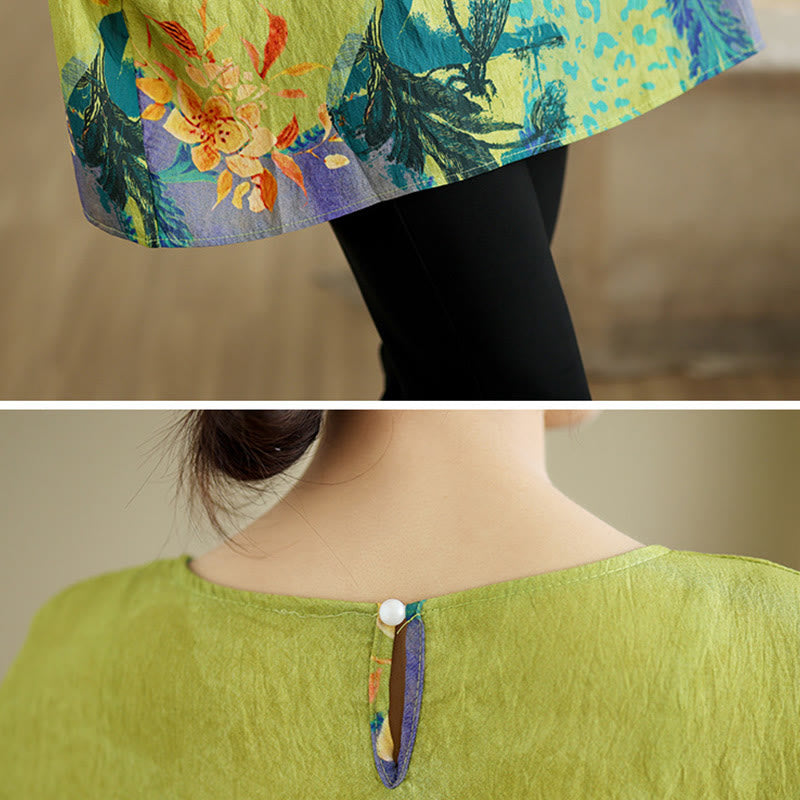 Buddha Stones Żółte Zielone Kwiaty T-shirt z lnianym rękawem o długości trzech czwartych - image 7