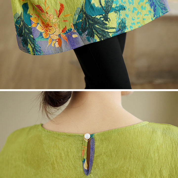 Buddha Stones Żółte Zielone Kwiaty T-shirt z lnianym rękawem o długości trzech czwartych - image 7