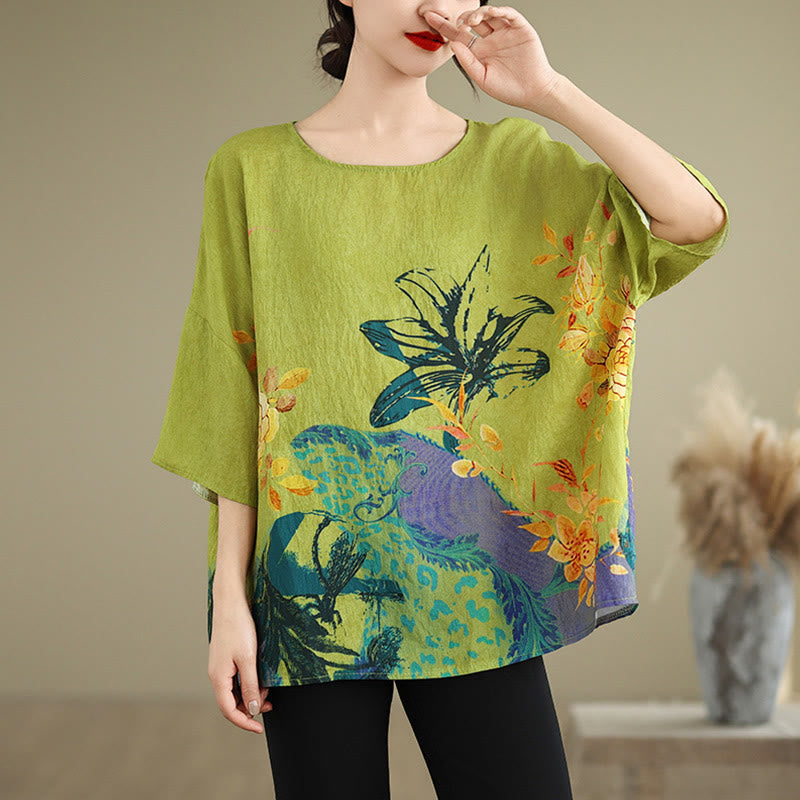 Buddha Stones Żółte Zielone Kwiaty T-shirt z lnianym rękawem o długości trzech czwartych - image 4