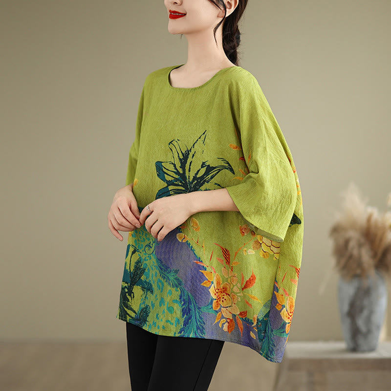 Buddha Stones Żółte Zielone Kwiaty T-shirt z lnianym rękawem o długości trzech czwartych - image 3