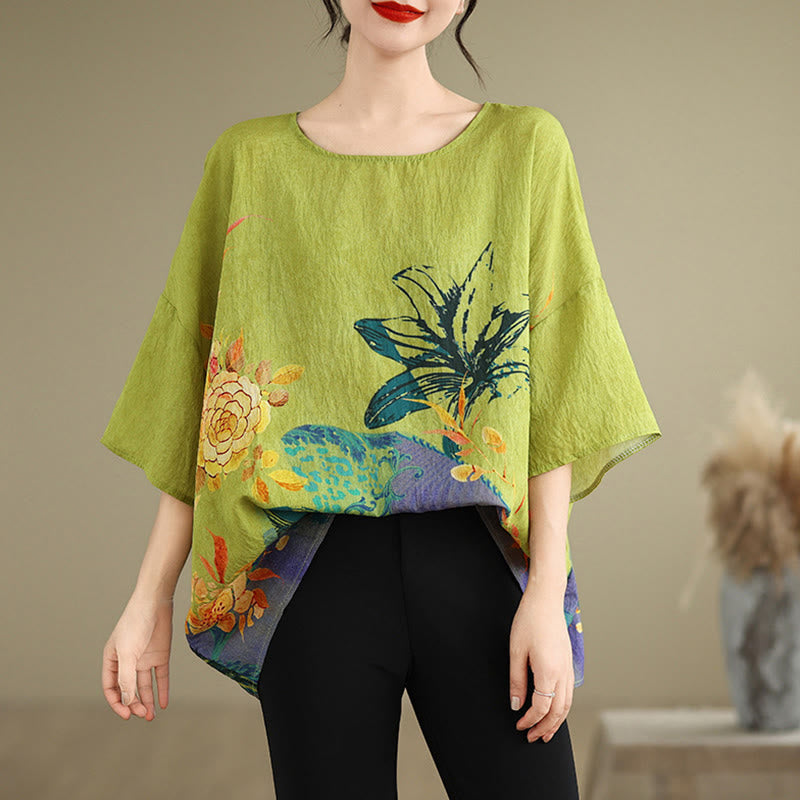 Buddha Stones Żółte Zielone Kwiaty T-shirt z lnianym rękawem o długości trzech czwartych - image 2