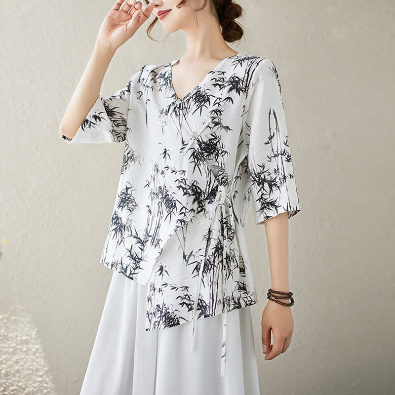 Koszula z nadrukiem liści bambusa Buddha Stones z dekoltem w serek, sznurowana, z żabim guzikiem - image 2