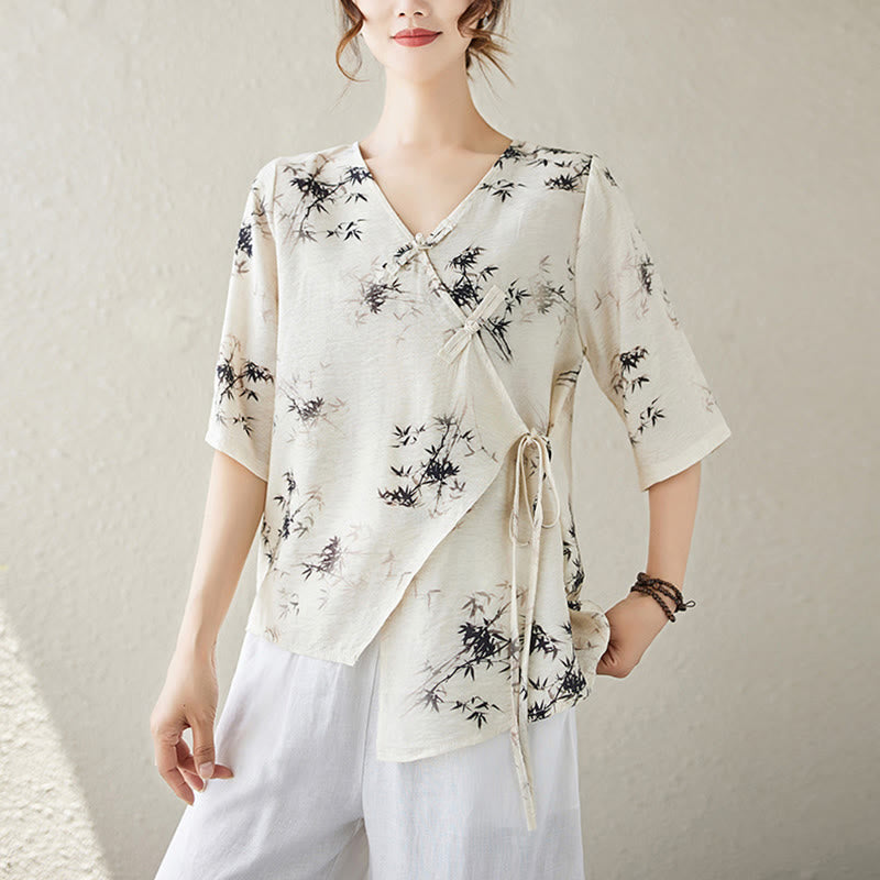 Koszula z nadrukiem liści bambusa Buddha Stones z dekoltem w serek, sznurowana, z żabim guzikiem - Bielizna - XL(pasuje do US6, UK/AU10, EU38) - image 7