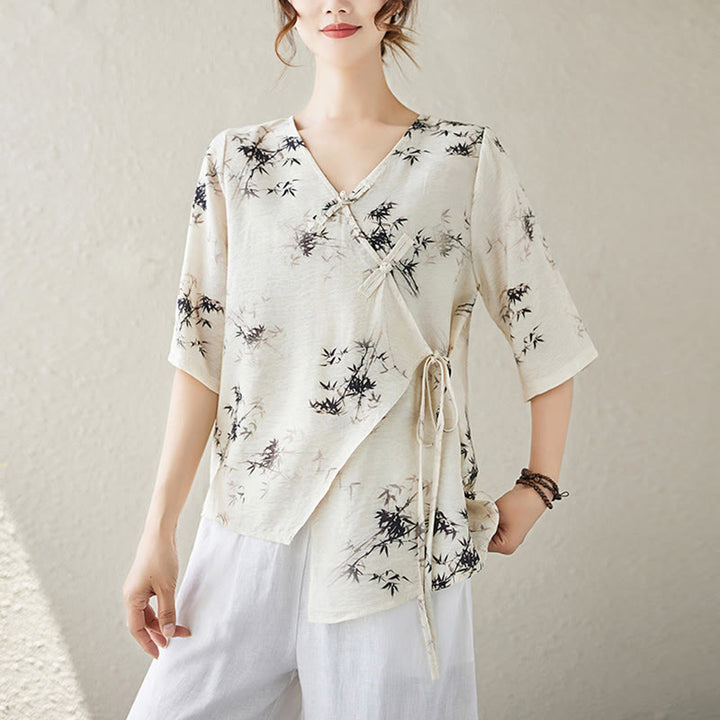 Koszula z nadrukiem liści bambusa Buddha Stones z dekoltem w serek, sznurowana, z żabim guzikiem - Bielizna - XL(pasuje do US6, UK/AU10, EU38) - image 7