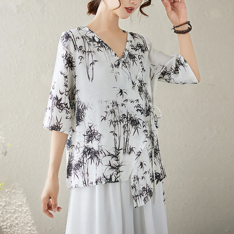 Koszula z nadrukiem liści bambusa Buddha Stones z dekoltem w serek, sznurowana, z żabim guzikiem - image 1