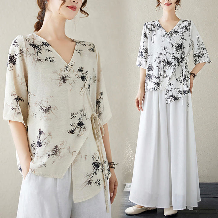 Koszula z nadrukiem liści bambusa Buddha Stones z dekoltem w serek, sznurowana, z żabim guzikiem - image 19