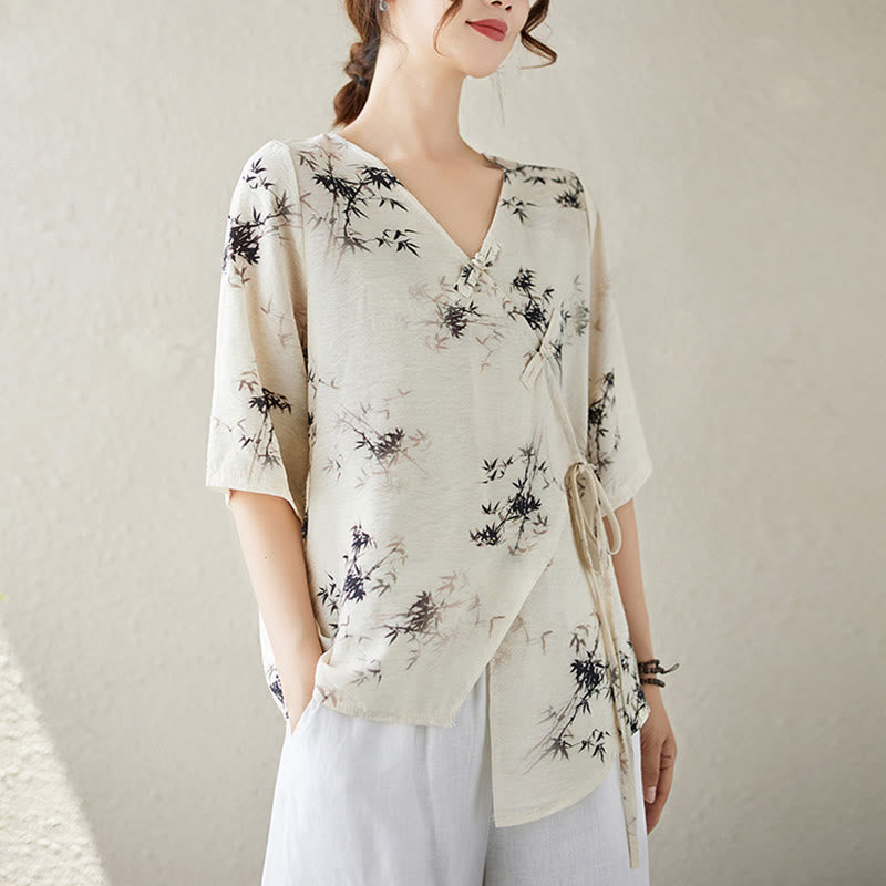 Koszula z nadrukiem liści bambusa Buddha Stones z dekoltem w serek, sznurowana, z żabim guzikiem - image 8