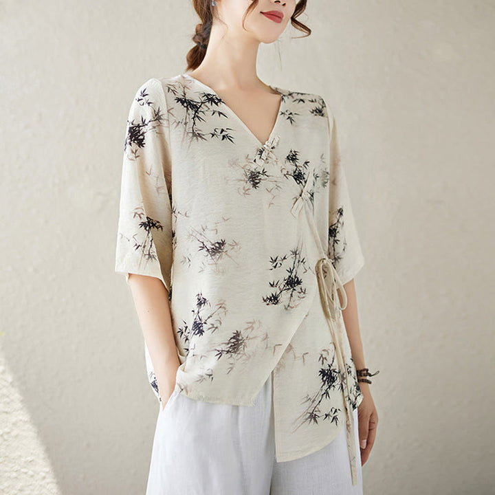 Koszula z nadrukiem liści bambusa Buddha Stones z dekoltem w serek, sznurowana, z żabim guzikiem - image 8