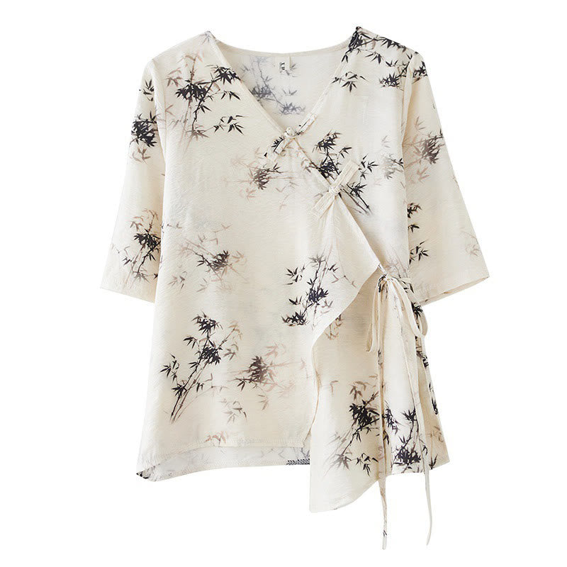 Koszula z nadrukiem liści bambusa Buddha Stones z dekoltem w serek, sznurowana, z żabim guzikiem - image 10