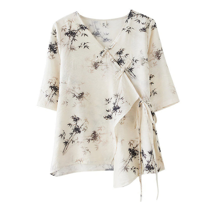 Koszula z nadrukiem liści bambusa Buddha Stones z dekoltem w serek, sznurowana, z żabim guzikiem - image 10