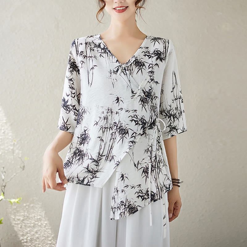 Koszula z nadrukiem liści bambusa Buddha Stones z dekoltem w serek, sznurowana, z żabim guzikiem - Śnieg - XL(pasuje do US6, UK/AU10, EU38) - image 0