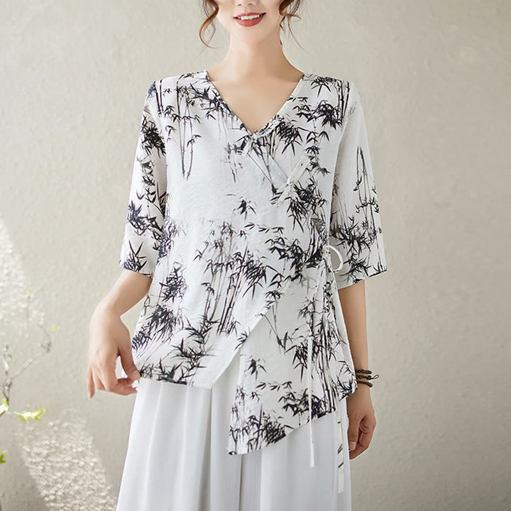 Koszula z nadrukiem liści bambusa Buddha Stones z dekoltem w serek, sznurowana, z żabim guzikiem - Śnieg - XL(pasuje do US6, UK/AU10, EU38) - image 0