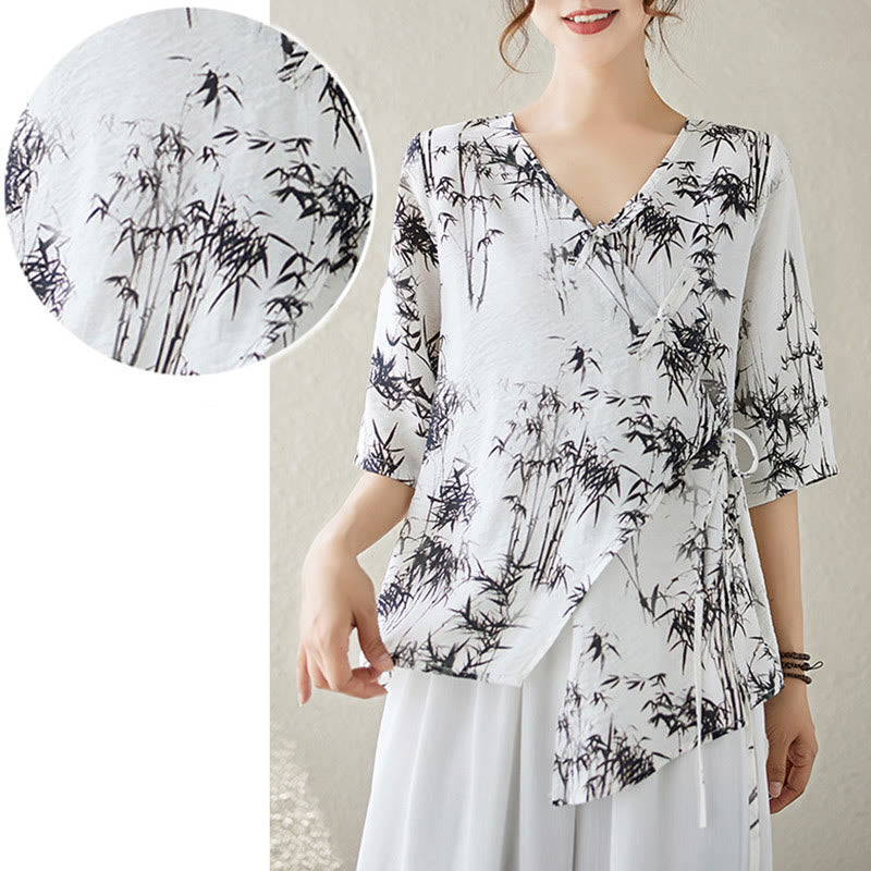 Koszula z nadrukiem liści bambusa Buddha Stones z dekoltem w serek, sznurowana, z żabim guzikiem - image 4