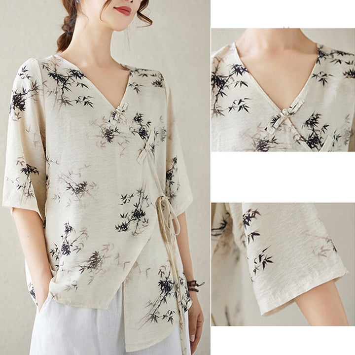 Koszula z nadrukiem liści bambusa Buddha Stones z dekoltem w serek, sznurowana, z żabim guzikiem - image 14