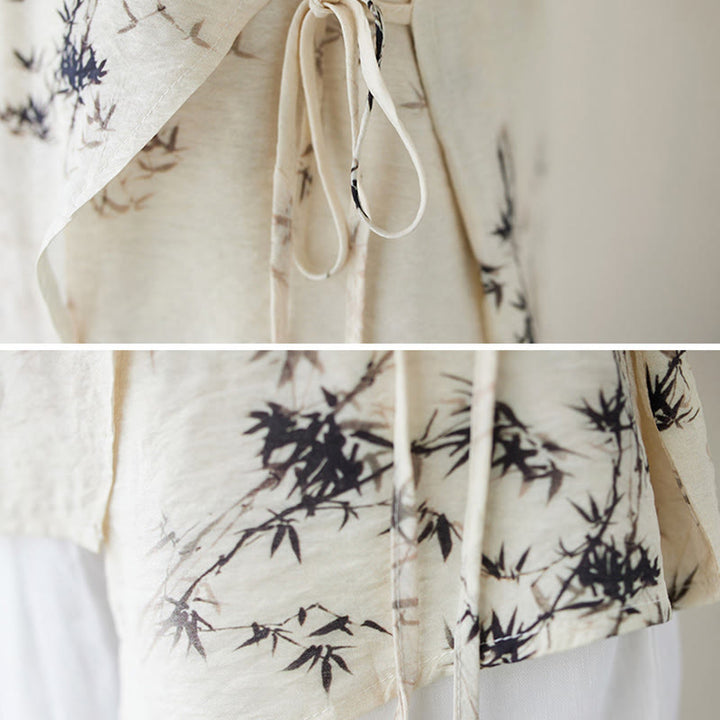 Koszula z nadrukiem liści bambusa Buddha Stones z dekoltem w serek, sznurowana, z żabim guzikiem - image 12