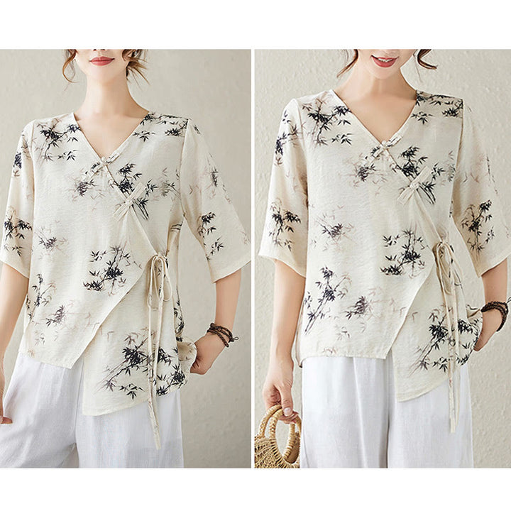 Koszula z nadrukiem liści bambusa Buddha Stones z dekoltem w serek, sznurowana, z żabim guzikiem - image 17