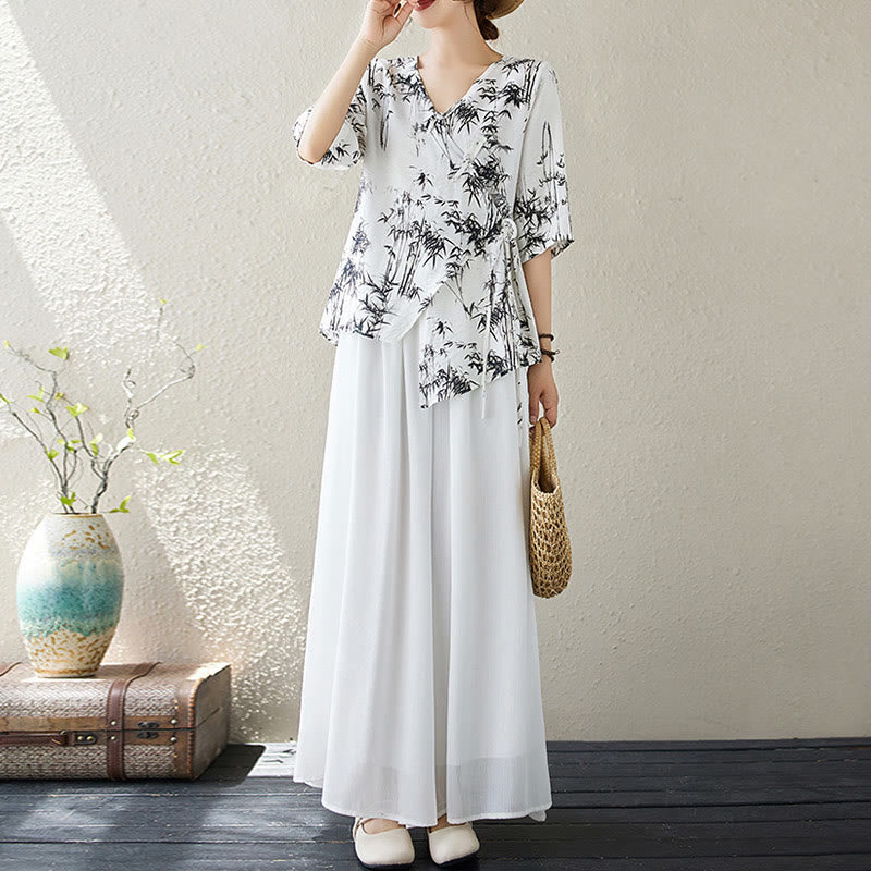 Koszula z nadrukiem liści bambusa Buddha Stones z dekoltem w serek, sznurowana, z żabim guzikiem - image 5