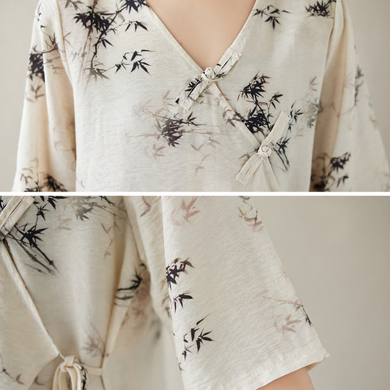 Koszula z nadrukiem liści bambusa Buddha Stones z dekoltem w serek, sznurowana, z żabim guzikiem - image 11