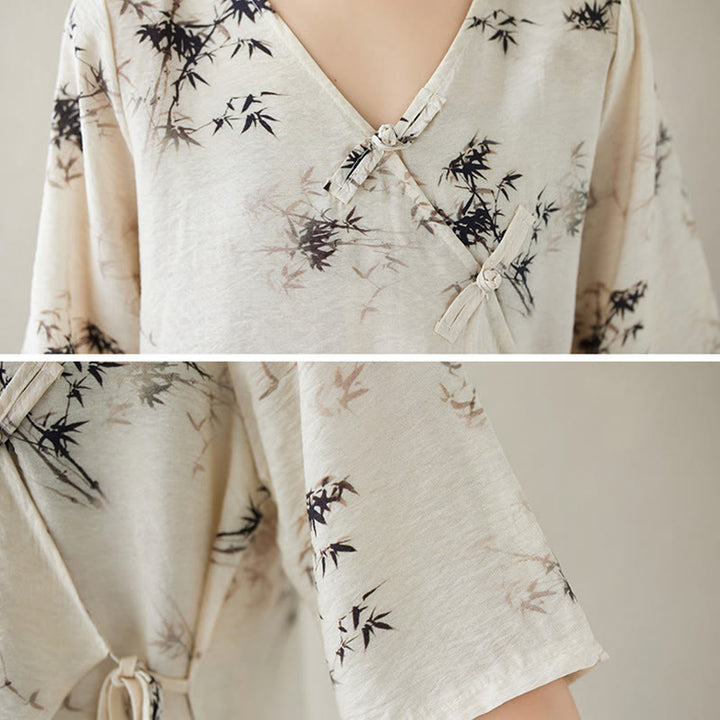 Koszula z nadrukiem liści bambusa Buddha Stones z dekoltem w serek, sznurowana, z żabim guzikiem - image 11