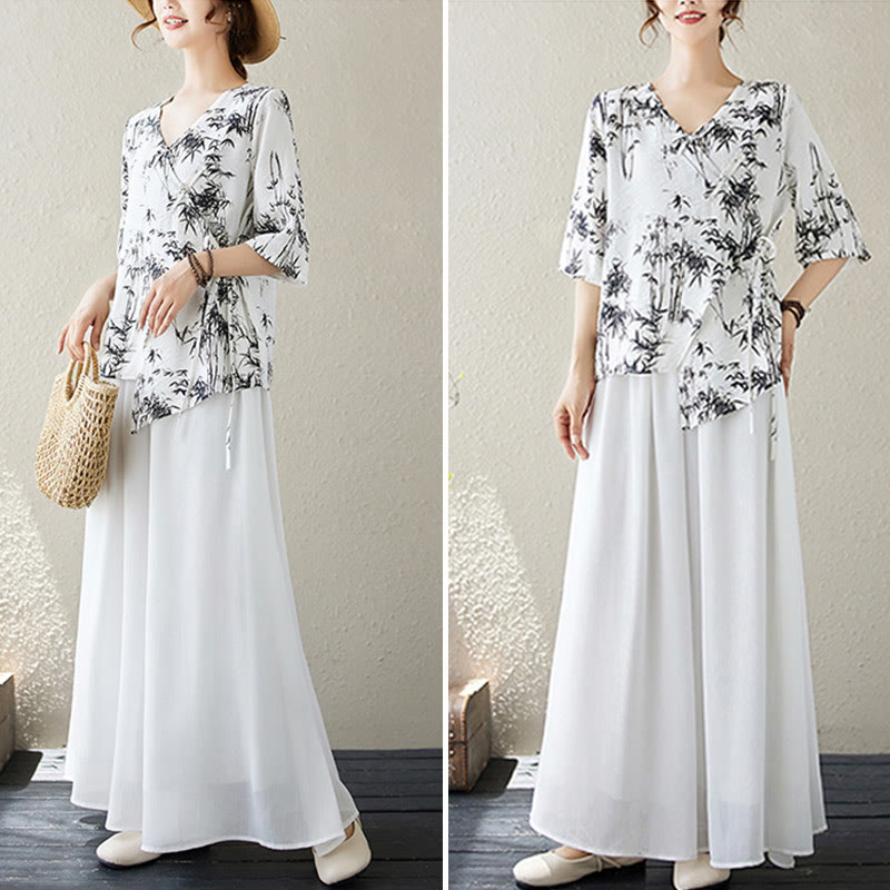 Koszula z nadrukiem liści bambusa Buddha Stones z dekoltem w serek, sznurowana, z żabim guzikiem - image 6