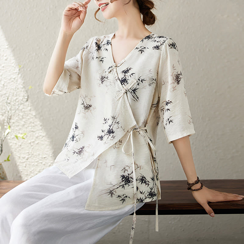 Koszula z nadrukiem liści bambusa Buddha Stones z dekoltem w serek, sznurowana, z żabim guzikiem - image 9