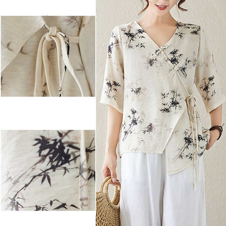 Koszula z nadrukiem liści bambusa Buddha Stones z dekoltem w serek, sznurowana, z żabim guzikiem - image 15