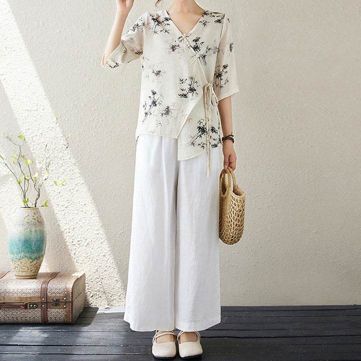 Koszula z nadrukiem liści bambusa Buddha Stones z dekoltem w serek, sznurowana, z żabim guzikiem - image 18