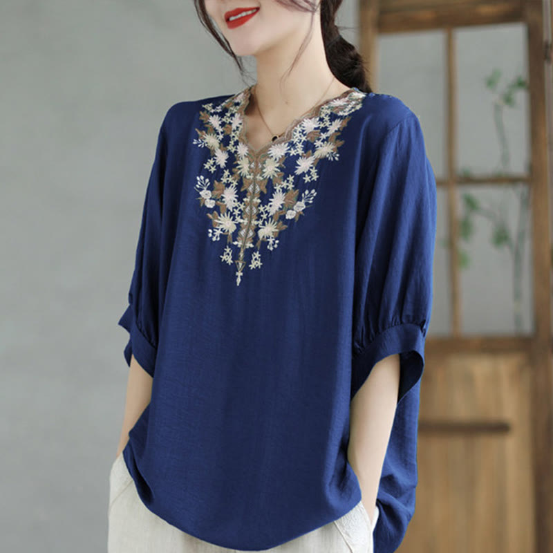 Buddha Stones Mały Kwiatowy Haft Koszulka Z Dekoltem W Serek Pół Rękawa Bawełna Lniana T-shirt Tee - Stalowoniebieski - F (pasuje do rozmiarów US4-8/10; UK/AU8-12/14; EU36-40/42) - image 3