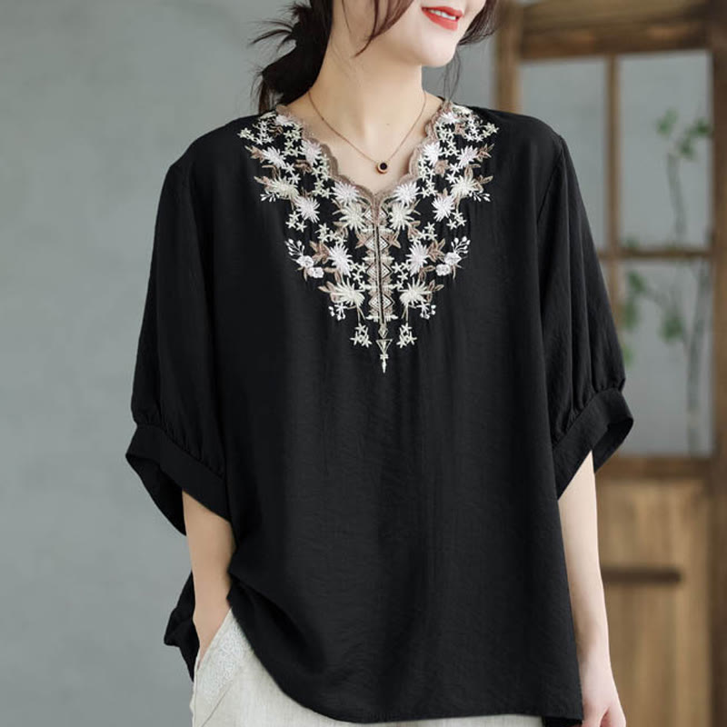 Buddha Stones Mały Kwiatowy Haft Koszulka Z Dekoltem W Serek Pół Rękawa Bawełna Lniana T-shirt Tee - image 1