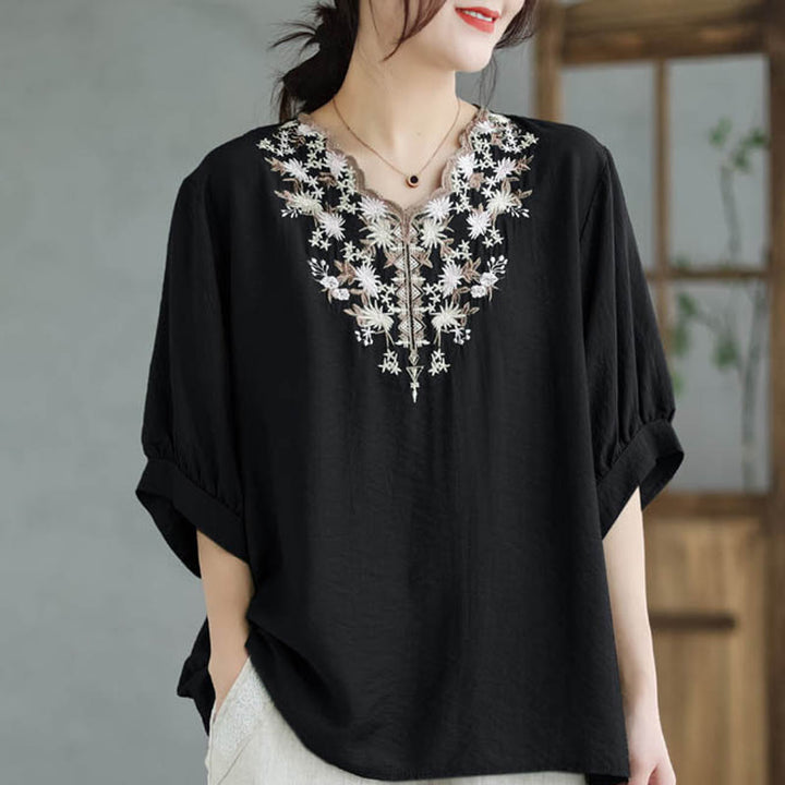 Buddha Stones Mały Kwiatowy Haft Koszulka Z Dekoltem W Serek Pół Rękawa Bawełna Lniana T-shirt Tee - image 1