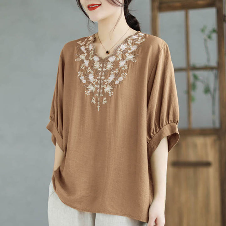 Buddha Stones Mały Kwiatowy Haft Koszulka Z Dekoltem W Serek Pół Rękawa Bawełna Lniana T-shirt Tee - NavajoWhite - F (pasuje do US4-8/10; UK/AU8-12/14; EU36-40/42) - image 11