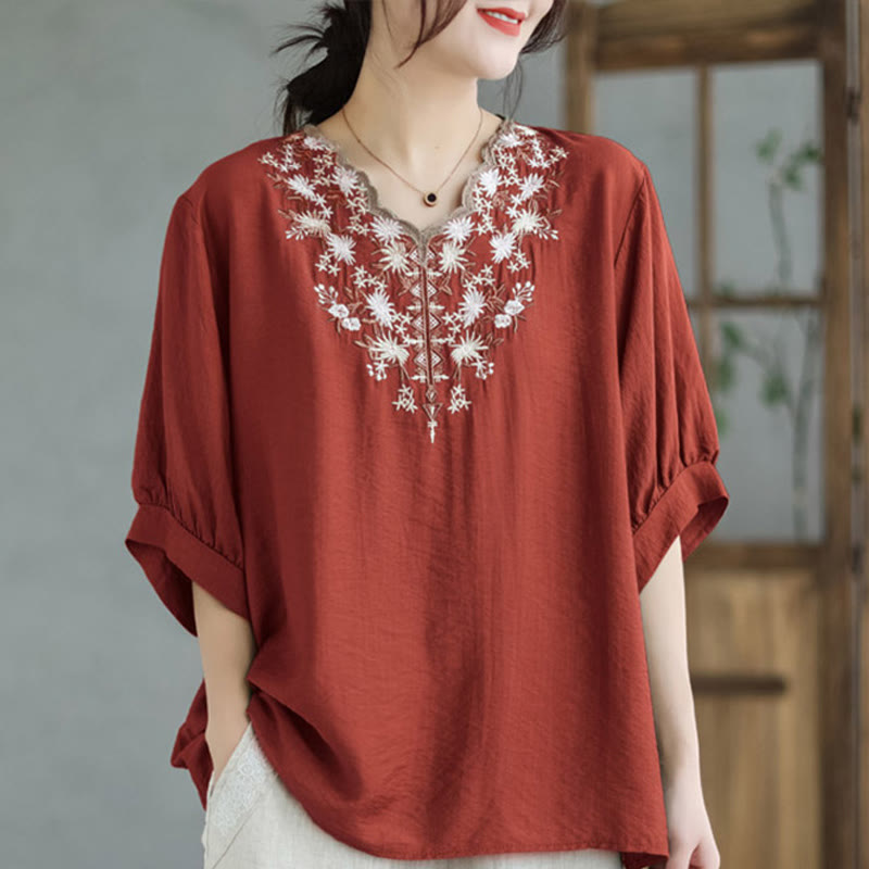 Buddha Stones Mały Kwiatowy Haft Koszulka Z Dekoltem W Serek Pół Rękawa Bawełna Lniana T-shirt Tee - Pomidor - F (pasuje do US4-8/10; UK/AU8-12/14; EU36-40/42) - image 2