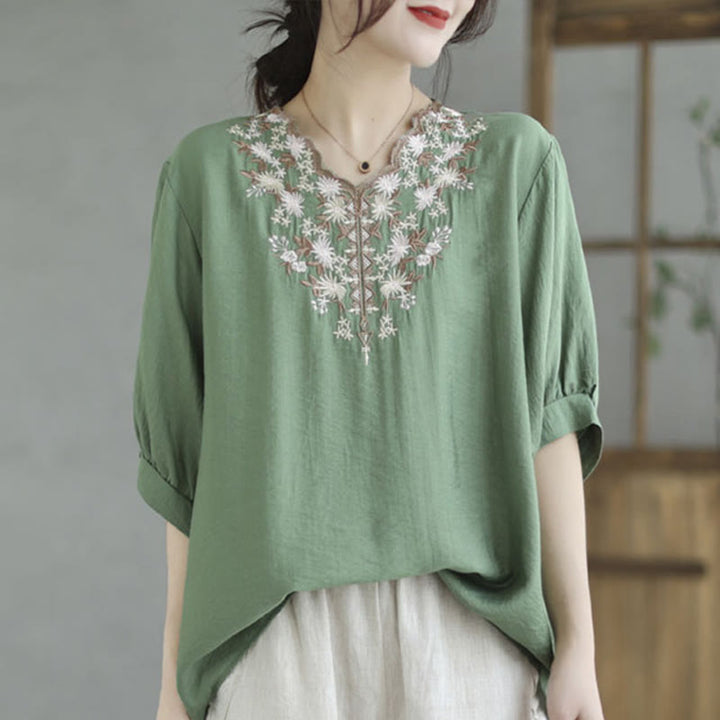 Buddha Stones Mały Kwiatowy Haft Koszulka Z Dekoltem W Serek Pół Rękawa Bawełna Lniana T-shirt Tee - Akwamaryn - F (pasuje do rozmiarów US4-8/10; UK/AU8-12/14; EU36-40/42) - image 4