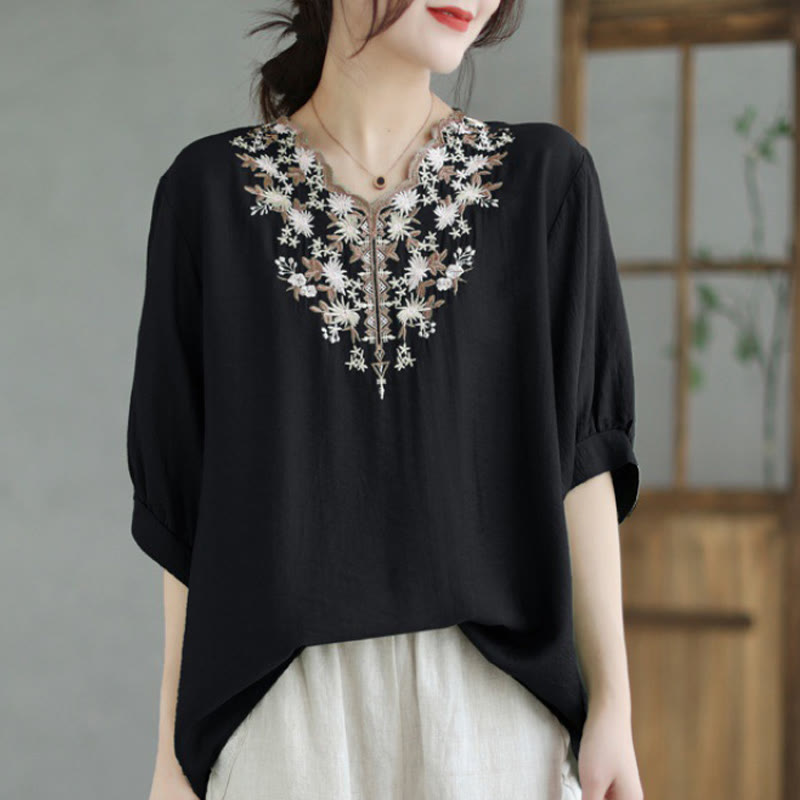 Buddha Stones Mały Kwiatowy Haft Koszulka Z Dekoltem W Serek Pół Rękawa Bawełna Lniana T-shirt Tee - Czarny - F (pasuje do US4-8/10; UK/AU8-12/14; EU36-40/42) - image 0