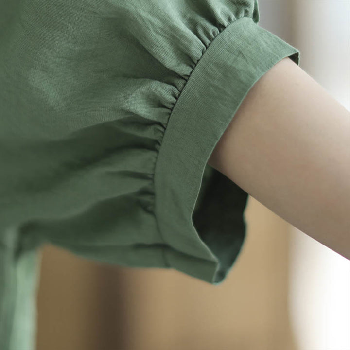 Buddha Stones Mały Kwiatowy Haft Koszulka Z Dekoltem W Serek Pół Rękawa Bawełna Lniana T-shirt Tee - image 9