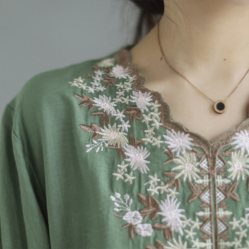 Buddha Stones Mały Kwiatowy Haft Koszulka Z Dekoltem W Serek Pół Rękawa Bawełna Lniana T-shirt Tee - image 6