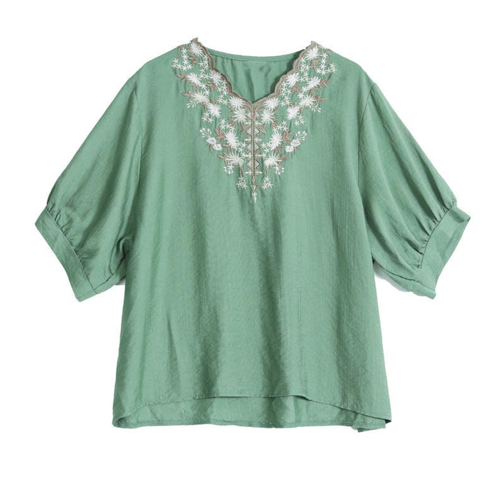 Buddha Stones Mały Kwiatowy Haft Koszulka Z Dekoltem W Serek Pół Rękawa Bawełna Lniana T-shirt Tee - image 5