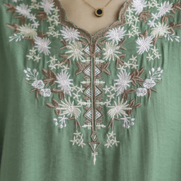 Buddha Stones Mały Kwiatowy Haft Koszulka Z Dekoltem W Serek Pół Rękawa Bawełna Lniana T-shirt Tee - image 8