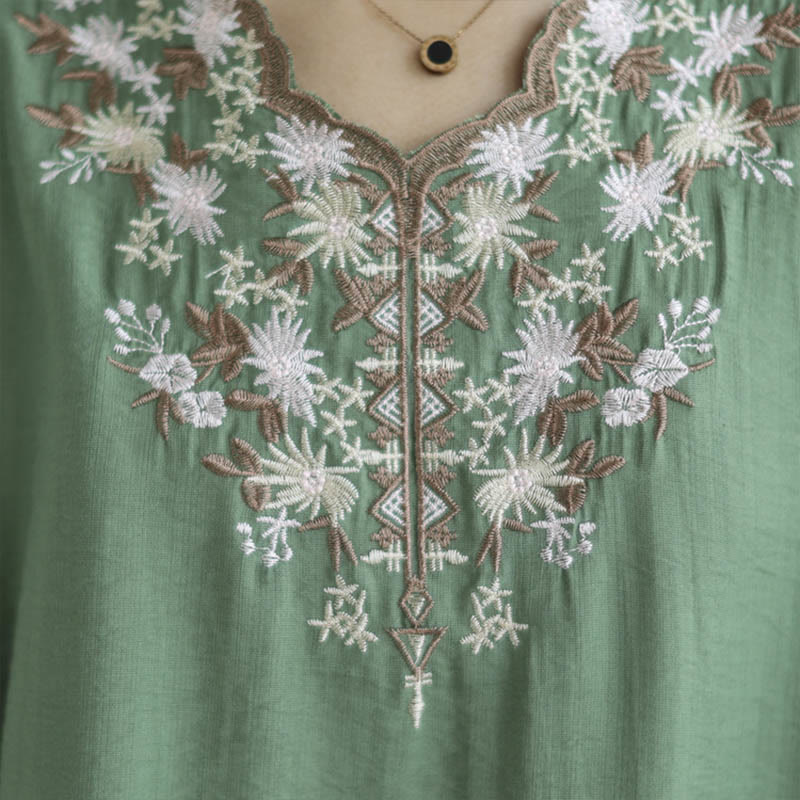 Buddha Stones Mały Kwiatowy Haft Koszulka Z Dekoltem W Serek Pół Rękawa Bawełna Lniana T-shirt Tee - image 8