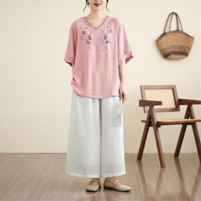 Koszulka z krótkim rękawem i dekoltem w serek z haftem kwiatowym Buddha Stones - image 3