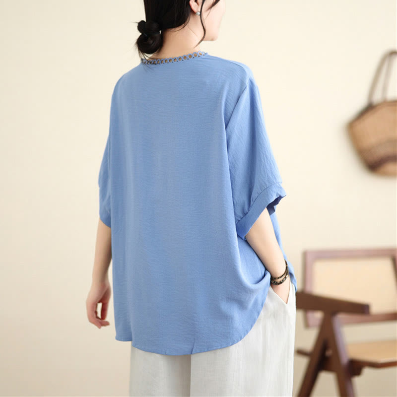 Koszulka z krótkim rękawem i dekoltem w serek z haftem kwiatowym Buddha Stones - image 5