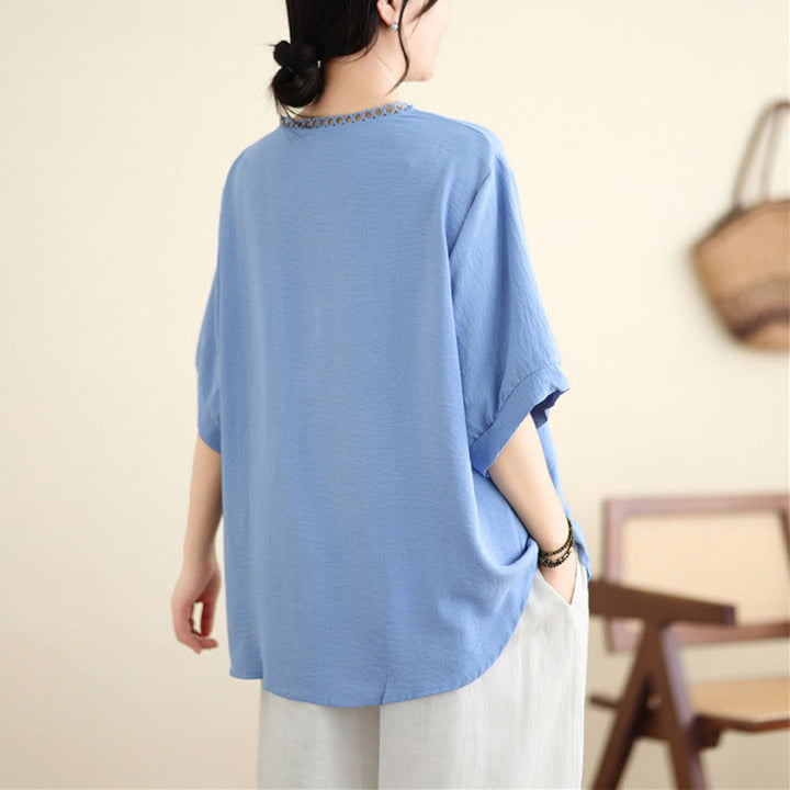 Koszulka z krótkim rękawem i dekoltem w serek z haftem kwiatowym Buddha Stones - image 5