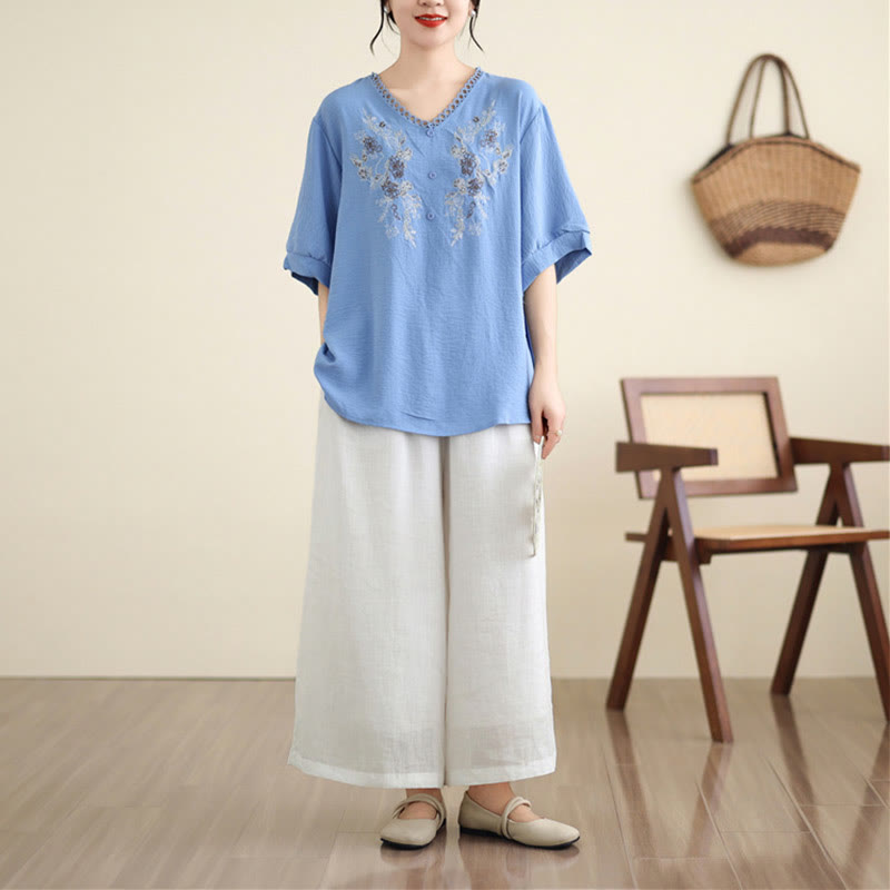 Koszulka z krótkim rękawem i dekoltem w serek z haftem kwiatowym Buddha Stones - image 12