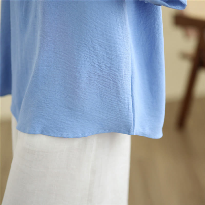 Koszulka z krótkim rękawem i dekoltem w serek z haftem kwiatowym Buddha Stones - image 11