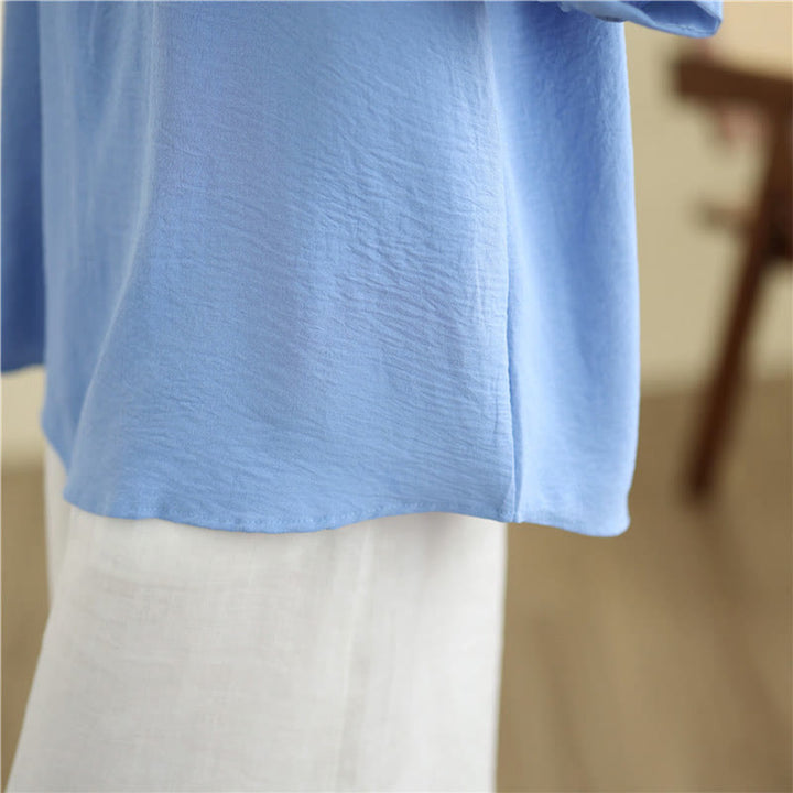 Koszulka z krótkim rękawem i dekoltem w serek z haftem kwiatowym Buddha Stones - image 11