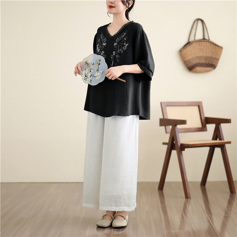 Koszulka z krótkim rękawem i dekoltem w serek z haftem kwiatowym Buddha Stones - image 16