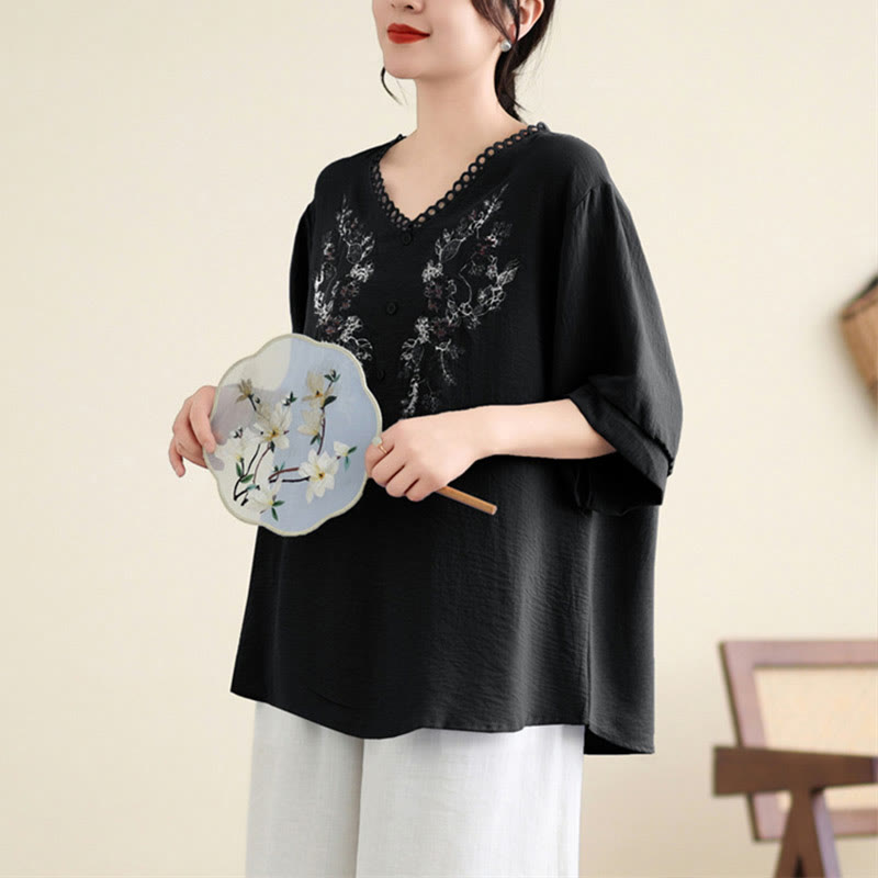 Koszulka z krótkim rękawem i dekoltem w serek z haftem kwiatowym Buddha Stones - image 14